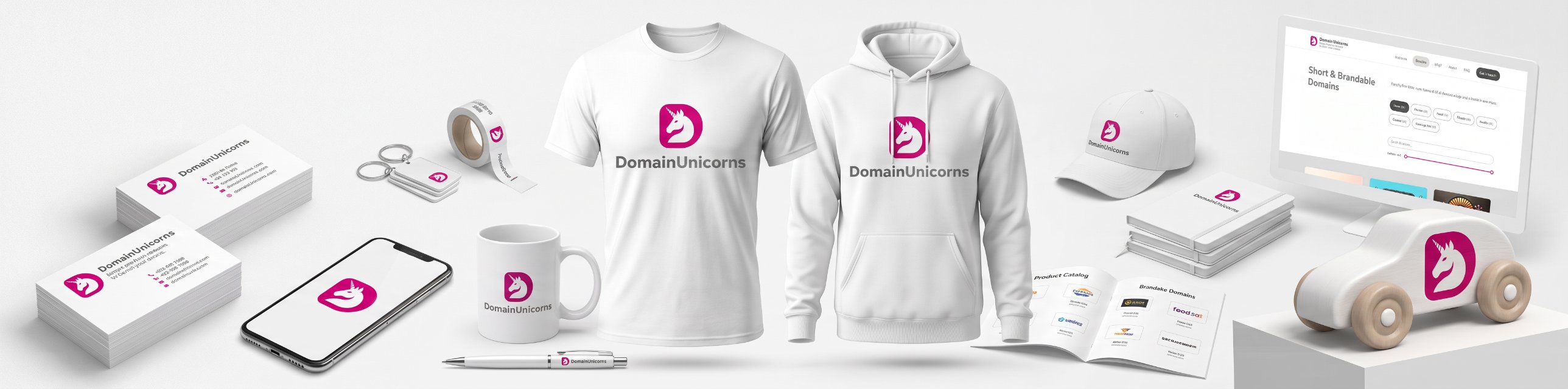 Domain Unicorns brand identity shown on business cards, a T-shirt, a hoodie, a cap, a mug, notebooks and a website